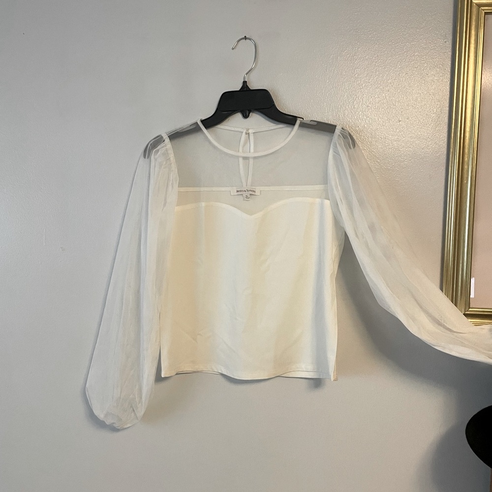 Jealous Tomato White Top Blouse Sheer Mesh Sleeves Sweetheart Neckline | SMALL